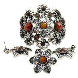 Браслет металлический с коричневыми стразами, кольцо и серьгиBody jewelry