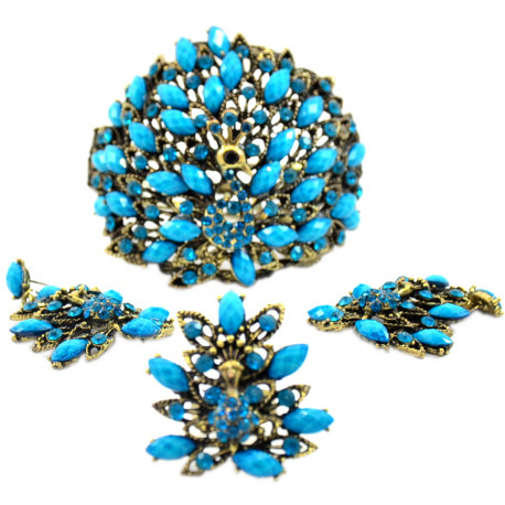 Браслет металлический с голубыми стразами, кольцо и серьгиBody jewelry