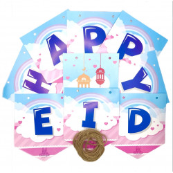 Флажки-гирлянды праздничные - "Happy Eid" голубой с розовым, двусторонняя (формат 13х16) изд.Umma-Land