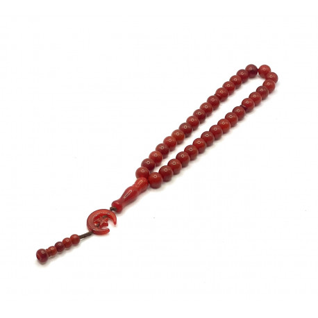 Четки-Тасбих с коричнево-янтарными круглыми бусинками с полумесяцем на конце. 33 бусинки.