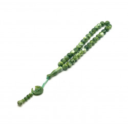 Четки-Тасбих с зелено-мраморными круглыми бусинками с полумесяцем на конце (33 бусинки)