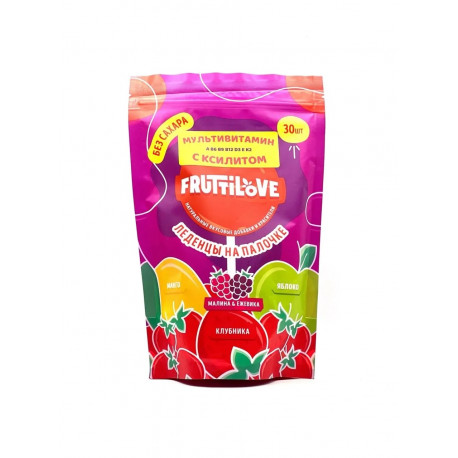 Леденцы на палочке без сахара "FruttiLove" 30 шт (с ксилитом) ассорти